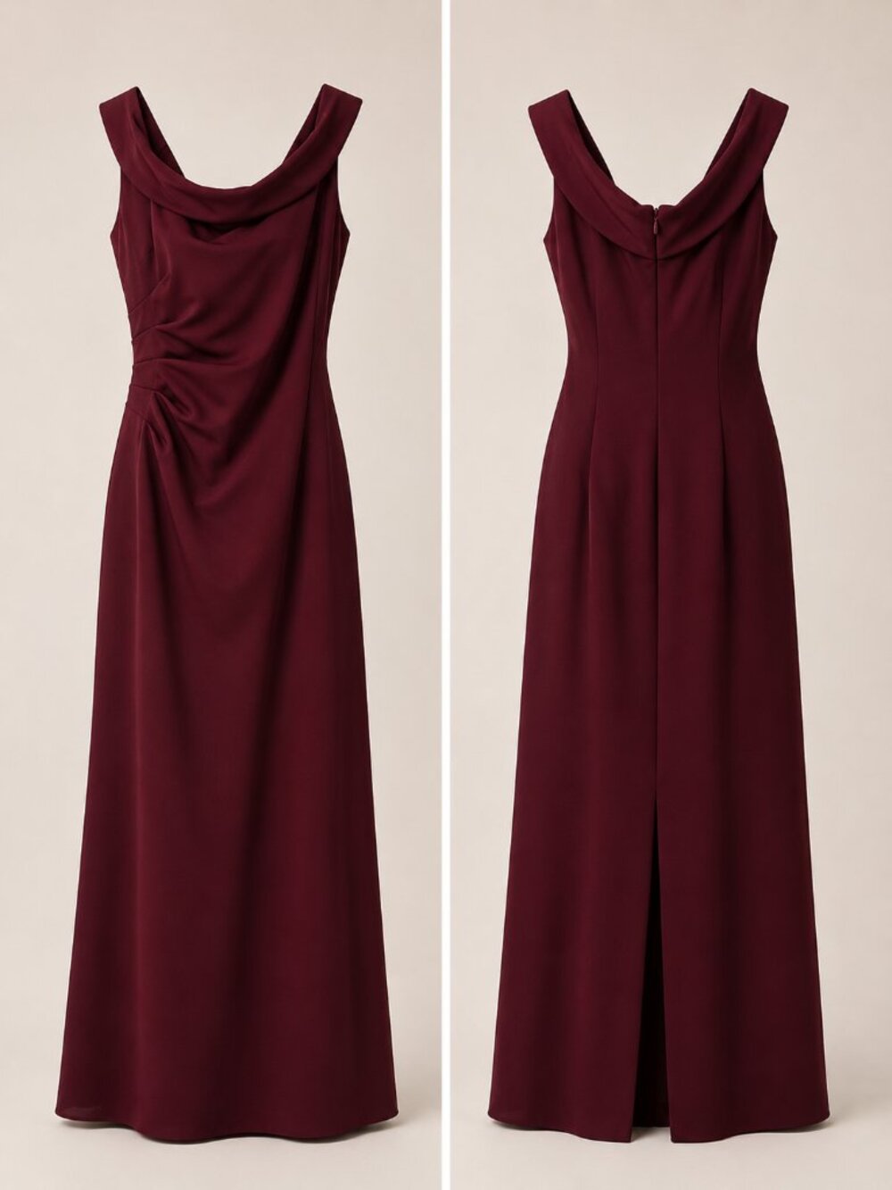 Burgundy Draped Gown Front and Back